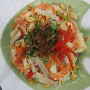 Village salad with shrimps and pork